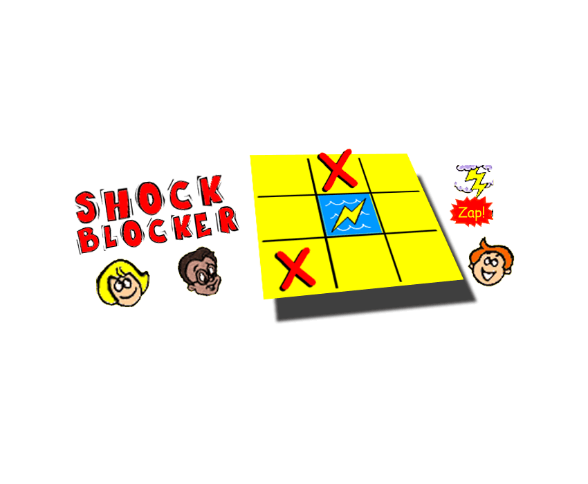 Shock Blocker Game illustrated text with children's face and game board with lightning bolt in middle